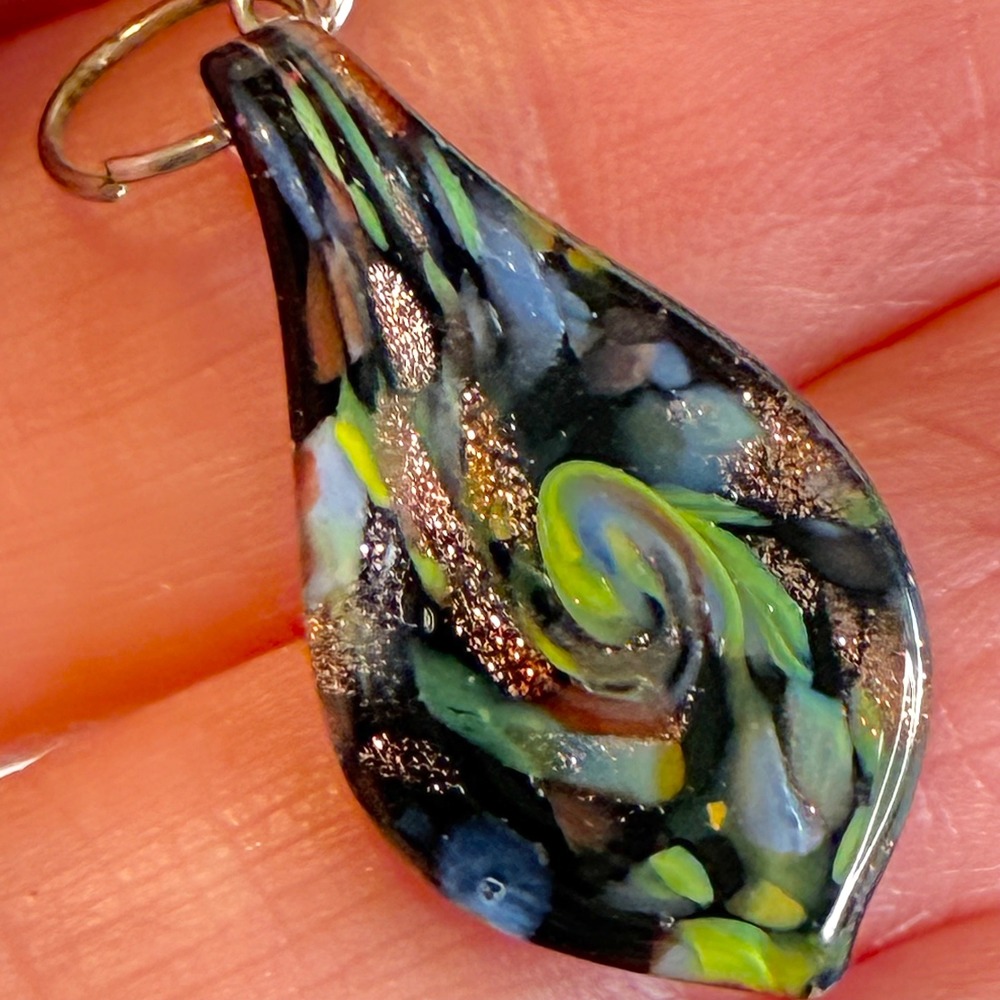 Lampwork Glass Earrings Celestial Dangle Teardrop Swirl Multicolor Silver Tone - Picture 5 of 12
